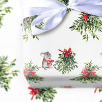 Watercolor Mistletoe and Red Bow Gift Wrap, Christmas Mouse Wrapping Paper, Adorable Winter Animal Wrapping Paper, Festive Holiday Gift Wrap