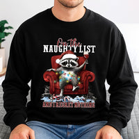 Humorous Naughty List Raccoon Pullover, Raccoon Christmas Sweatshirt, Adorable Trash Panda Crewneck, Retro Holiday Animal Present Raccoon Sweatshirt