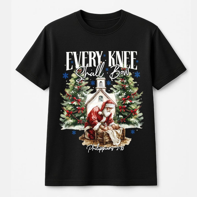 Santa Kneeling Before Baby Jesus Tee, Every Knee Shall Bow T-Shirt, Religious Christmas Shirt, Christian Faith Holiday Graphic Tee
