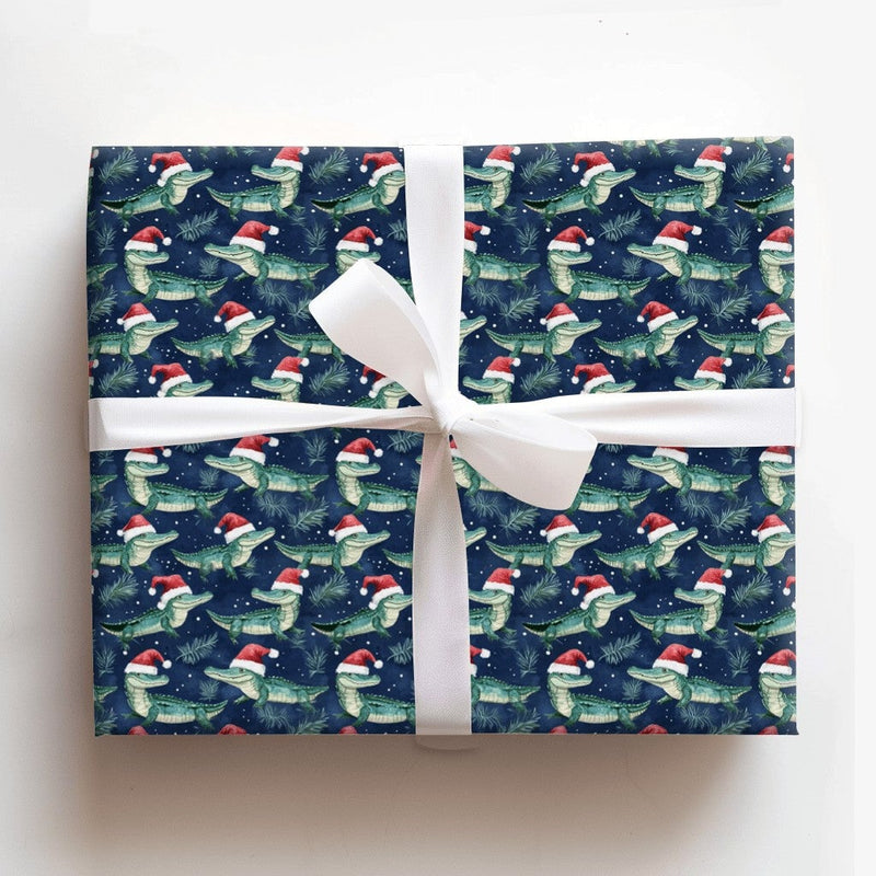 Adorable Holiday Gator Gift Wrap, Christmas Santa Alligator Wrapping Paper, Festive Florida Xmas Present Paper, Humorous Holiday Present Wrap