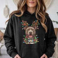 Reindeer Antler Dog Hoodie, Pitbull Christmas Hoodie, Pitbull Holiday Lights Sweatshirt, Festive Dog Mom Pullover, Dog Lover Xmas Present