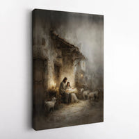 Holy Family with Lambs Canvas, Nativity Scene Canvas Print, Christian Christmas Wall Art, Religious Holiday Wall Decor, Jesus Birth Canvas