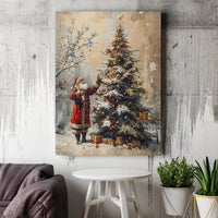 Snowy Christmas Tree Canvas Print, Vintage Santa Claus Canvas Wall Art, Nostalgic Holiday Santa Canvas Decor, Rustic Winter Wall Art Present
