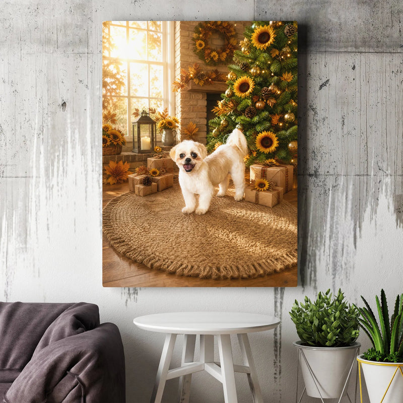 Holiday Puppy Sunflower Wall Art, Sunflower Christmas Dog Canvas, Festive Dog Christmas Tree Canvas Print, Autumn Sunflower Dog Decor