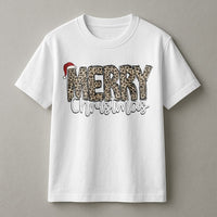 Merry Christmas Graphic Tee, Leopard Print Santa Hat Christmas T-Shirt, Trendy Holiday Santa Shirt, Adorable Festive Xmas T-Shirt, Present for Her
