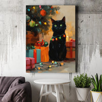Adorable Kitten in Holiday Lights Canvas Print, Black Cat Christmas Canvas Wall Art, Festive Cat Lover Wall Art, Winter Holiday Canvas Decor