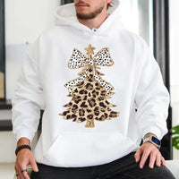 Festive Polka Dot Bow Hooded Sweatshirt, Leopard Print Christmas Tree Hoodie, Adorable Xmas Tree Graphic Pullover, Winter Holiday Hoodie Present