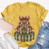 Bookworm Holiday Graphic Tee, Books Bows Lights Christmas Tree Shirt, Comfy Bookish Christmas T-Shirt, Reader Teacher Xmas Present Tee
