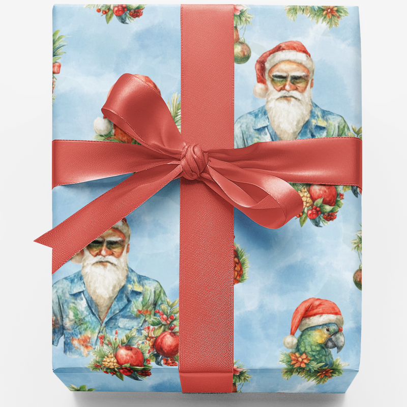 Beach Hawaiian Christmas Gift Wrap, Tropical Santa Wrapping Paper, Coastal Holiday Wrapping Paper, Humorous Summer Santa Gift Wrapping Paper