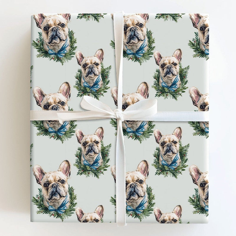 Dog Wreath Gift Wrap, French Bulldog Christmas Wrapping Paper, Frenchie Holiday Wrapping Paper, Adorable Winter Dog Lover Gift Wrapping Paper