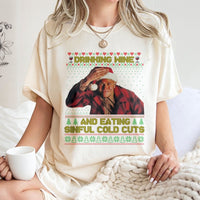 Humorous True Crime Christmas T-Shirt, Drinking Wine Eating Sinful Cold Cuts T-Shirt, Retro Horror Fan Holiday T-Shirt, Xmas Graphic Tee