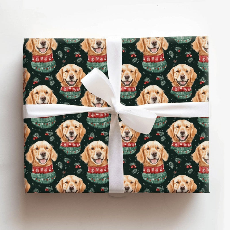 Festive Dog Holiday Gift Wrap, Golden Retriever Christmas Wrapping Paper, Xmas Puppy Present Wrap, Pet Lover Winter Packaging