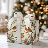 Winter Bird Botanical Gift Wrap, Vintage Robin Christmas Wrapping Paper, Pine Holly Berry Wrapping Paper, Rustic Holiday Present Wrap