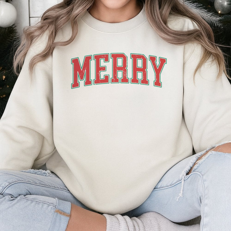 Retro Varsity Lettering Holiday Crewneck, Merry Christmas Sweatshirt, Vintage Christmas Vibes Pullover, Comfy Winter Xmas Sweater