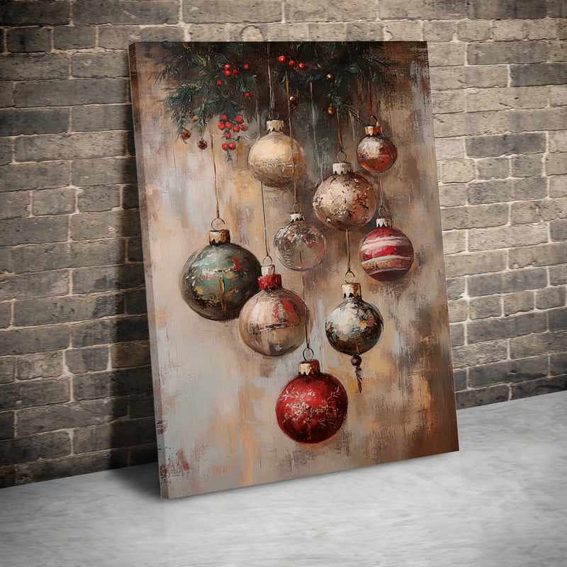 Rustic Oil Painting Baubles Holly Print, Vintage Christmas Ornaments Canvas Wall Art, Holiday Festive Canvas Digital Download