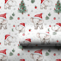 Santa Hat Holiday Gift Wrap, Baby Elephant Christmas Wrapping Paper, Adorable Watercolor Animal Wrapping Paper, Kids Christmas Gift Wrap Roll