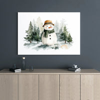 Winter Forest Canvas Print, Watercolor Snowman Canvas Wall Art, Snowy Pine Tree Canvas, Rustic Holiday Wall Decor, Christmas Home Present
