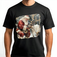 Realistic Winter Christmas Graphic Tee, Santa Claus and Reindeer T-Shirt, Vintage Holiday Season Shirt, Xmas Graphic Top