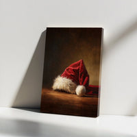 Rustic Christmas Canvas Print, Santa Hat Oil Painting Canvas Wall Art, Festive Holiday Santa Hat Canvas Decor, Winter Seasonal Home Wall Art
