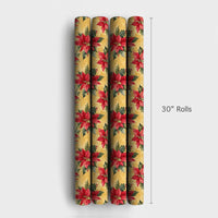 Vintage Christmas Floral Gift Wrap, Red Poinsettia Wrapping Paper, Botanical Holly Berry Present Wrap, Holiday Winter Gift Wrapping Paper