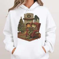 Comfy Christmas Bookish Frog Hoodie, Reading Frog Hoodie, Book Lover Holiday Hoodie, Adorable Cottagecore Reader Pullover Sweatshirt, Winter Present