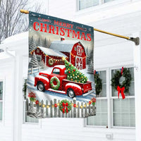 Vintage Winter Barn Yard Banner, Merry Christmas Red Truck Garden Flag, Double Sided Holiday Flag, Rustic Farmhouse Lawn Decor