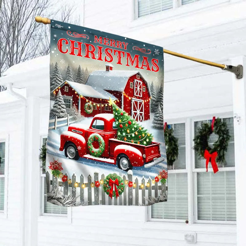 Vintage Winter Barn Yard Banner, Merry Christmas Red Truck Garden Flag, Double Sided Holiday Flag, Rustic Farmhouse Lawn Decor