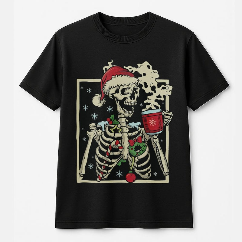 Sarcastic Holiday Skeleton Graphic Tee, Dead Inside Skeleton Christmas T-Shirt, Humorous Coffee Skeleton Shirt, Retro Xmas Apparel, Humor Present