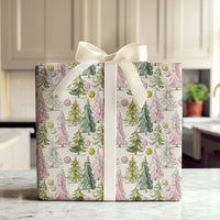 Watercolor Tree Gift Wrap, Pink and Green Christmas Trees Wrapping Paper, Whimsical Holiday Wrapping Paper, Pastel Christmas Tree Gift Wrap