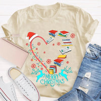 Heart Graphic Tee, Christmas Books Santa Hats Snowflakes T-Shirt, Bookish Holiday Shirt, Adorable Reader Xmas Present