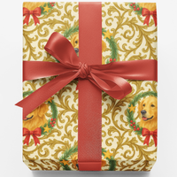 Festive Holiday Wreath Gift Wrap, Golden Retriever Wrapping Paper, Gold Filigree Christmas Wrapping Paper, Dog Lover Gift Wrapping Paper