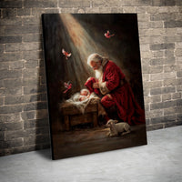 Religious Christmas Canvas Art, Santa Kneeling Before Baby Jesus Canvas, Nativity Scene Artwork, Holiday Wall Decor, Christian Canvas Present