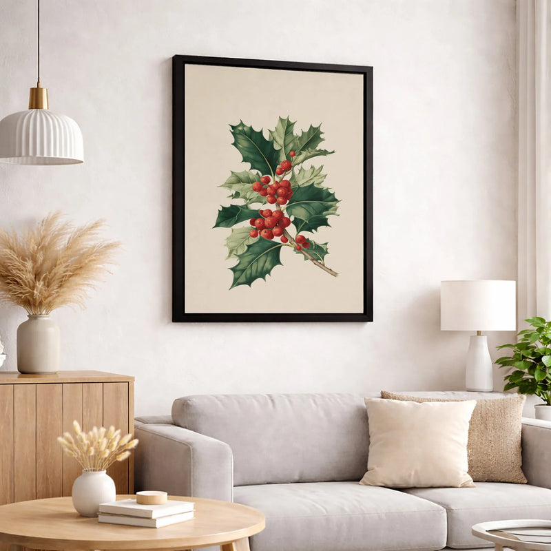 Vintage Christmas Floral Canvas Print, Holly Berry Botanical Canvas Wall Art, Holiday Botanical Canvas, Winter Wall Decor, Festive Home Present