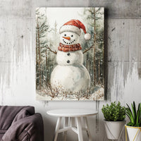Festive Winter Forest Snow Print, Watercolor Christmas Snowman Canvas Wall Art, Holiday Season Wall Decor, Snowman Digital Download
