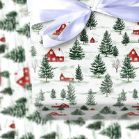 Pine Tree Christmas Gift Wrap, Watercolor Snowy Village Wrapping Paper, Winter Village Holiday Wrapping Paper, Rustic Xmas Gift Wrap Roll