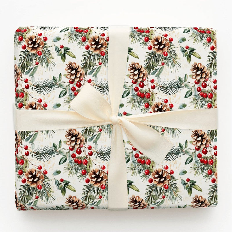 Rustic Winter Berry Gift Wrap, Watercolor Pinecone Christmas Wrapping Paper, Holiday Botanical Wrapping Paper, Xmas Gift Wrap Roll