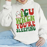 Humorous Medical Holiday Hooded Sweatshirt, ICU Nurse Christmas Hoodie, Adorable RN Winter Pullover, Nursing Student Xmas Apparel Present