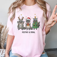 Humorous Christmas Animal T-Shirt, Festive and Feral Raccoon T-Shirt, Retro Holiday Graphic Tee, Adorable Xmas Trash Panda Graphic T-Shirt Present