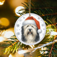 Santa Hat Dog Holiday Ornament, Old English Sheepdog Christmas Ornament, Ceramic Puppy Tree Ornament, Sheepdog Lover Keepsake Present Decor