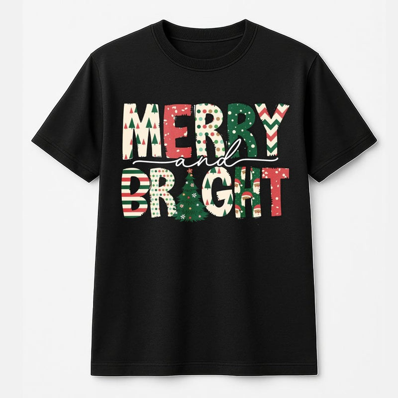 Festive Pattern Lettering Holiday Shirt, Merry and Bright Christmas T-Shirt, Retro Xmas Graphic Tee, Holiday Season Family Present