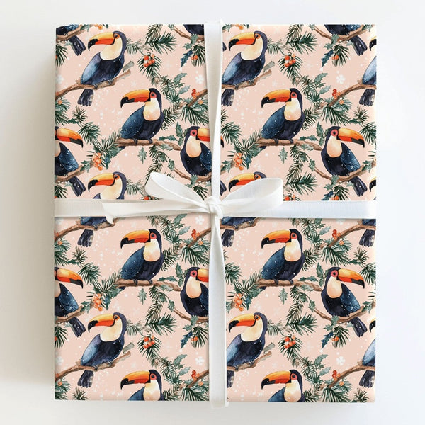 Tropical Toucan Holiday Gift Wrap, Toucan Christmas Wrapping Paper, Watercolor Toucan Bird Wrapping Paper, Festive Winter Pin
