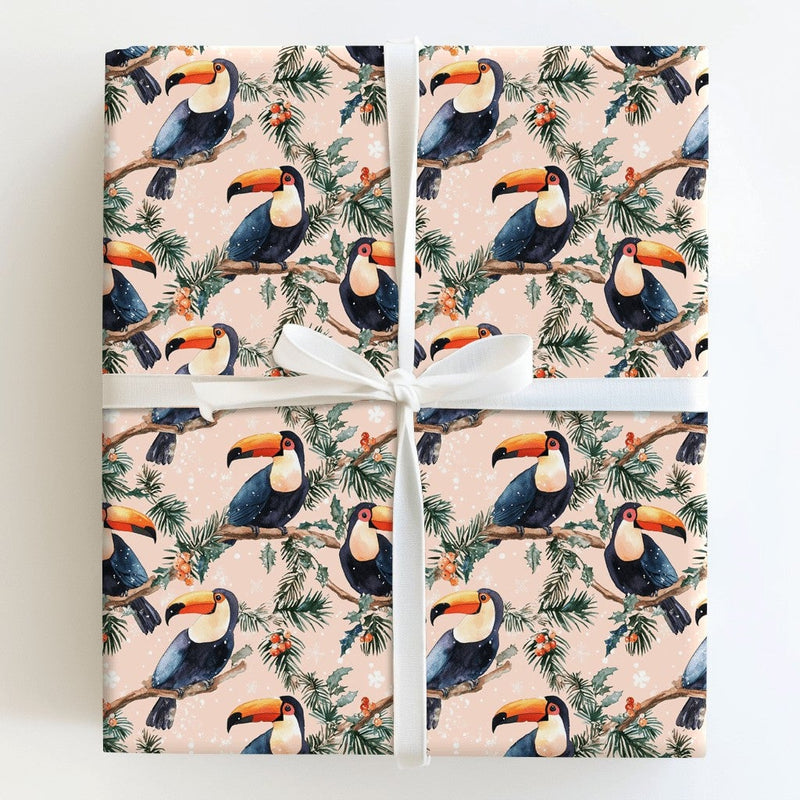 Tropical Toucan Holiday Gift Wrap, Toucan Christmas Wrapping Paper, Watercolor Toucan Bird Wrapping Paper, Festive Winter Pink Gift Wrap