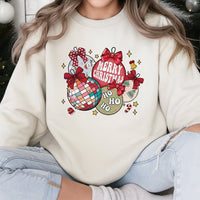 Disco Ball Holiday Graphic Crewneck, Retro Christmas Ornaments Sweatshirt, Coquette Bow Xmas Sweater, Festive Winter Holiday Pullover