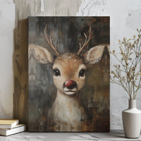 Rustic Oil Painting Reindeer Canvas Print, Red Nosed Reindeer Canvas Wall Art, Christmas Holiday Canvas Art, Winter Seasonal Canvas Decor