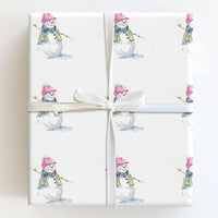 Pink Beanie Winter Gift Wrap, Watercolor Snowman Wrapping Paper, Adorable Christmas Holiday Paper, Snowman Present Wrap, Festive Wrapping Paper
