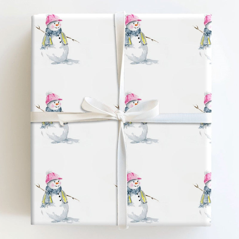 Pink Beanie Winter Gift Wrap, Watercolor Snowman Wrapping Paper, Adorable Christmas Holiday Paper, Snowman Present Wrap, Festive Wrapping Paper