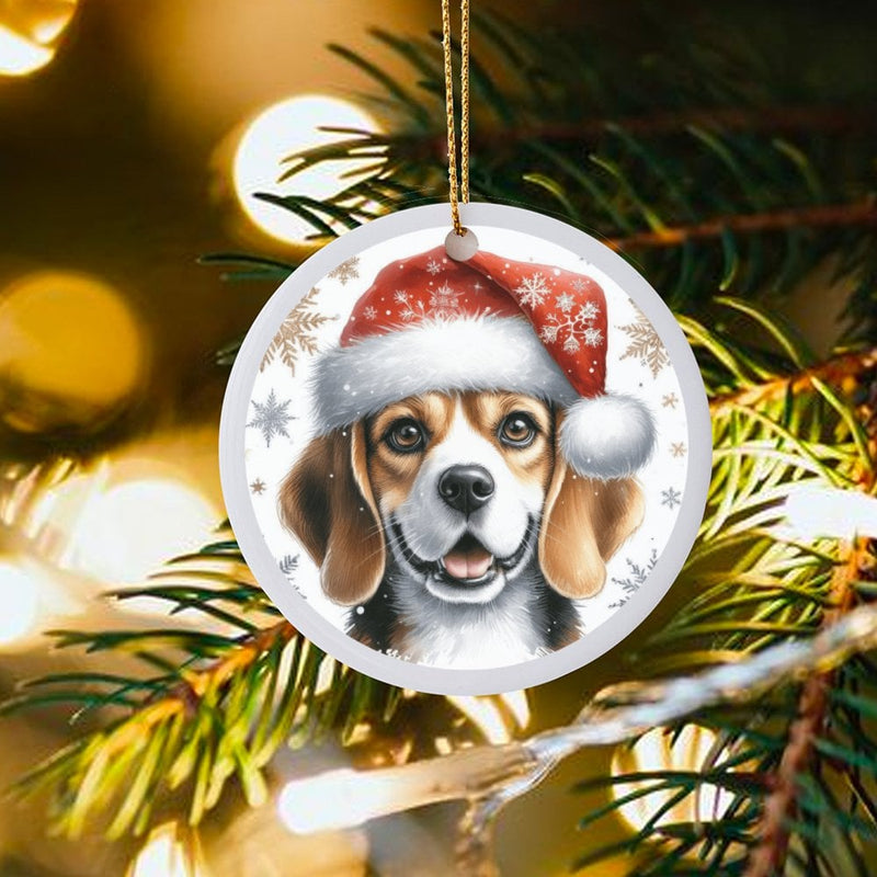 Santa Hat Dog Ceramic Ornament, Beagle Christmas Ornament, Festive Hound Puppy Tree Ornament, Dog Lover Holiday Keepsake Decoration Present