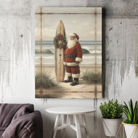 Vintage Beach Christmas Canvas, Coastal Santa Surfboard Wall Art, Surfing Santa Holiday Decor, Coastal Christmas Canvas Print, Surfer Present