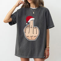 Sarcastic Santa Hat Graphic Tee, Humorous Middle Finger Christmas T-Shirt, Rude Holiday Xmas Shirt, Humorous Gag Present for Men & Women
