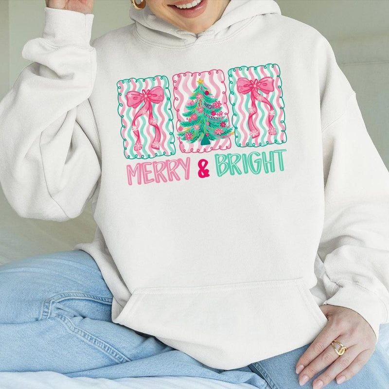 Wavy Tree and Bow Holiday Hoodie, Retro Merry and Bright Christmas Hoodie, Vintage Aesthetic Xmas Sweatshirt, Festive Winter Pullover
